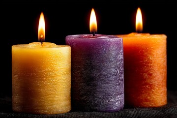 Poster - Colorful scented candles lit in a dark space creating a calming atmosphere during a relaxing evening