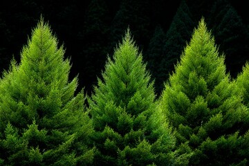 Aufkleber - Lush green coniferous trees thriving in the sunlight surrounded by dark forest backdrop