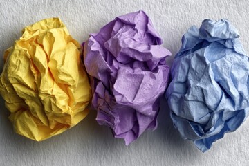 Poster - Colorful crumpled paper balls arranged neatly on a light surface showcasing creativity and potential for art projects