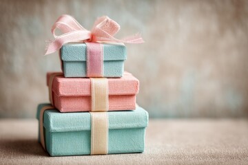 Aufkleber - Three beautifully wrapped gifts stacked together in pastel colors on a textured background