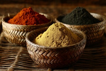 Poster - Colorful spices in woven baskets arranged beautifully on a rustic wooden table in a culinary setting