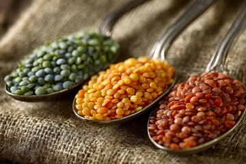 Poster - Colorful lentils displayed in metal spoons on a rustic fabric background showcasing various types and colors