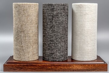 Aufkleber - Textile display with three cylindrical fabric samples on a wooden stand, showcasing different textures and colors in a minimalistic setting