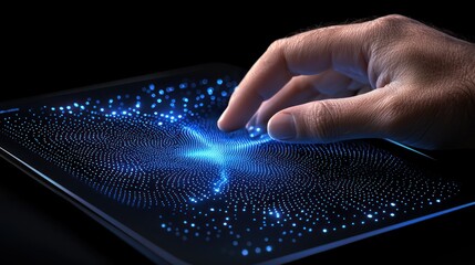 Aufkleber - Hand interacts with glowing digital interface on sleek black tablet