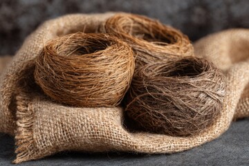 Aufkleber - Natural fibers arranged on burlap showcasing the art of weaving in a cozy workshop setting