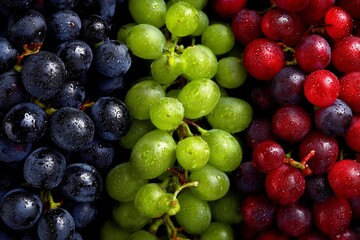 Aufkleber - Freshly harvested grapes in various colors displayed together on a wooden surface under natural light