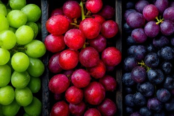 Poster - Vibrant assortment of fresh grapes in various shades displayed in wooden crates at a local market