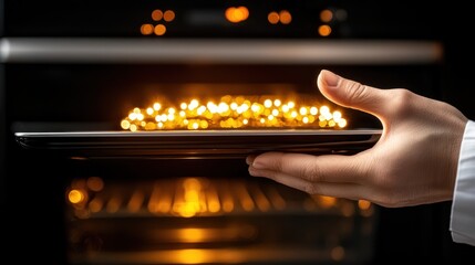 Poster - Hand holding glowing object in front of an open oven