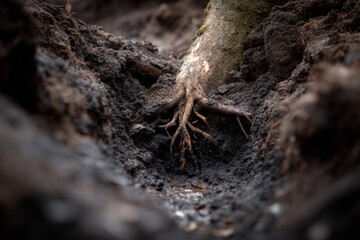 Poster - Intricate tree roots exposed in rich earth reveal nature's hidden structure during daylight