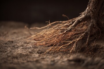 Aufkleber - Intricate network of tree roots emerging from rich soil during late afternoon light in a serene natural setting