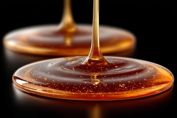 Poster - Golden syrup slowly drips down on a glossy surface creating a mesmerizing texture and shine in a well-lit setting