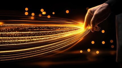 Poster - A hand touches strands of golden light on black background