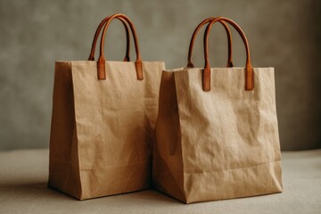 Aufkleber - Stylish brown paper bags with leather handles placed on a neutral backdrop in a cozy indoor setting