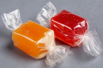 Poster - Colorful fruit-flavored candies wrapped in clear plastic on a gray background