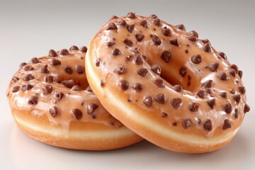 Poster - Delicious chocolate chip donuts stacked on top of each other with a glossy glaze in a bright setting