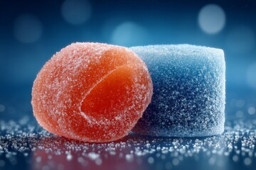 Poster - Colorful gummy candies sparkling under soft lighting in a close-up shot