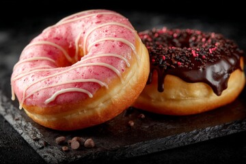Aufkleber - Colorful donuts on a dark slate serving board create an appetizing display for dessert lovers in a bakery setting