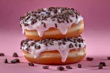Poster - Delightful pink-frosted donuts topped with chocolate sprinkles on a vibrant pink background