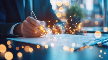 Poster - Man is signing document with network visualization overlayed