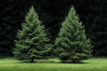 Poster - Two evergreen trees stand side by side in a lush green meadow surrounded by a dense forest