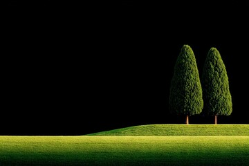 Aufkleber - Lush green landscape with two tall coniferous trees against a dark backdrop at sunset