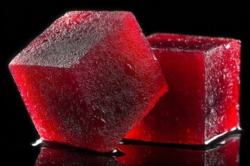 Poster - Red gelatin cubes glistening on a reflective surface with a dark background enhance their vibrant appearance
