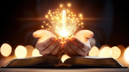 Aufkleber - Hands holding magical light emerging from open book