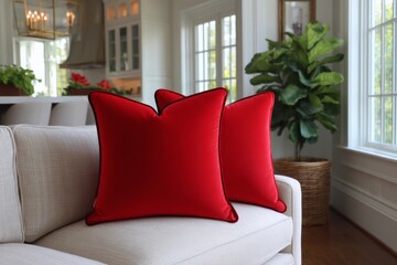 Poster - Bright red decorative pillows enhance cozy living room atmosphere with natural light and greenery