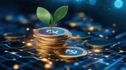 Poster - Coins stacked with plant sprouting on circuit board background