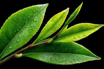 Poster - Lush green leaves with droplets reflecting light, captured in a studio environment showcasing nature's freshness