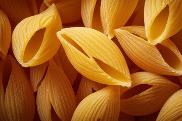Poster - Vibrant uncooked pasta shaped like seashells ready for cooking in a kitchen setting reflecting culinary creativity