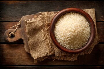 Poster - Freshly harvested white rice in a wooden bowl on a rustic table with burlap cloth