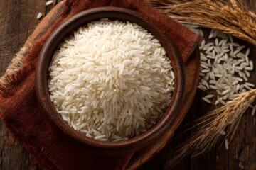 Poster - Freshly harvested white rice in a wooden bowl with grains beside it on a rustic table