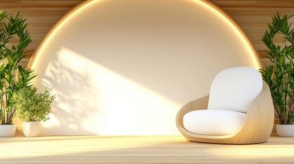 Poster - Minimalist interior features a round chair and potted plants