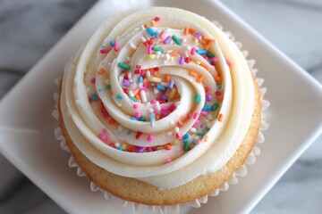 Poster - Delicious vanilla cupcake topped with creamy frosting and colorful sprinkles served on a white plate