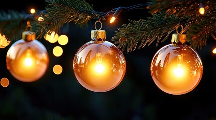 Poster - Three shiny christmas ornaments hang from a christmas tree branch