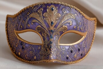 Poster - Elaborate purple mask with intricate gold detailing placed on a soft light-colored fabric background