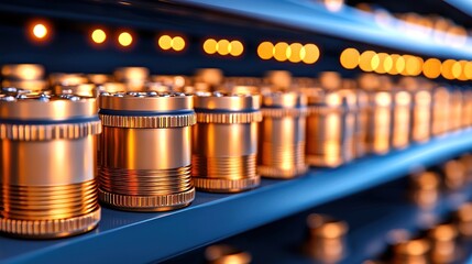 Poster - Rows of golden cylindrical metal components arranged neatly on a shelf