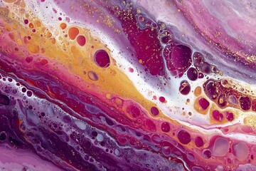 Poster - Colorful abstract painting featuring swirling patterns of purple, pink, and gold with luminous bubbles