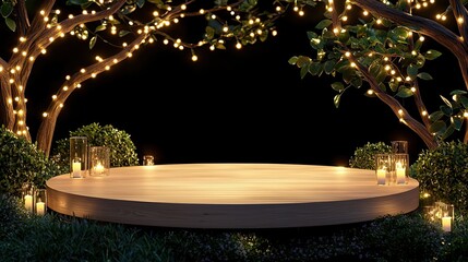 Poster - Round wooden stage illuminated by candles and string lights