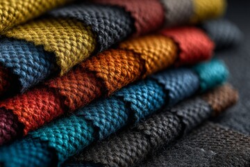Aufkleber - Colorful woven fabric arranged in layers showcasing rich textures and patterns for textile enthusiasts