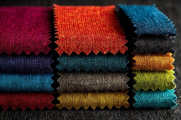 Poster - Vibrant collection of woven fabric swatches displayed on a dark background for textile enthusiasts