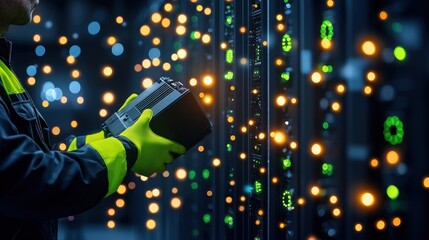 Poster - Technician holding equipment stands next to a server rack