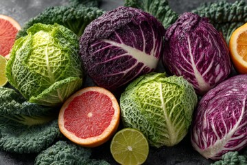 Aufkleber - Fresh colorful cabbages and citrus fruits arranged on a dark surface for a vibrant culinary display