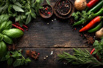 Poster - Herbs and spices arranged on a rustic wooden table create a vibrant culinary display for home cooking enthusiasts