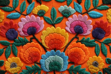 Aufkleber - Intricate floral embroidery featuring vibrant colors on orange fabric created in a traditional craft style