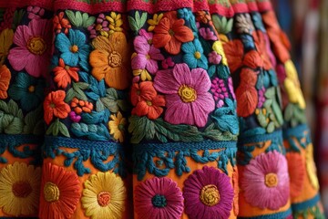 Aufkleber - Colorful embroidered textiles showcasing intricate floral designs in traditional artisan handicrafts