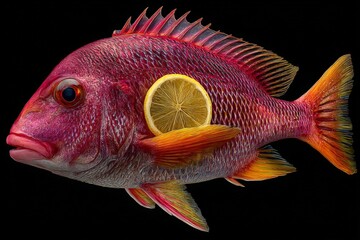 Aufkleber - Bright pink fish garnished with fresh lemon slice against dark background showcasing culinary details and vibrant colors