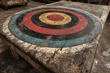 Poster - Weathered target board with vibrant colorful rings at a rustic workshop