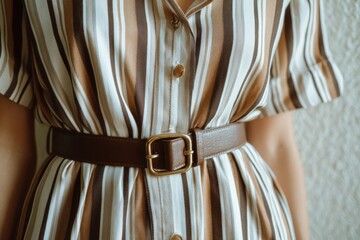 Poster - Stylish outfit featuring a striped dress with a belt, showcasing modern fashion trends and attractive details for any occasion